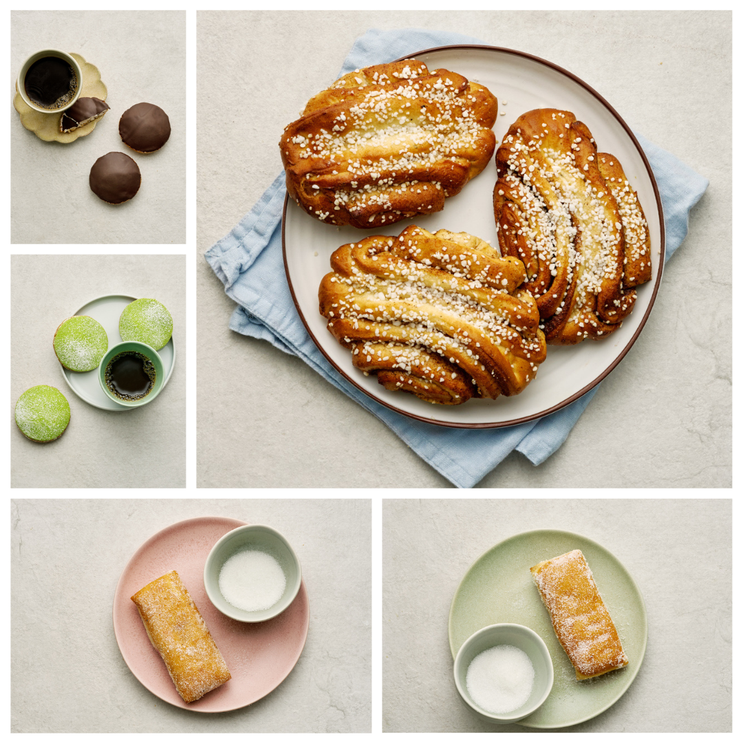 Fikapaket med grismunkar, örfilar och chokladbiskvier, från Finska Hembageriet i Eskilstuna.